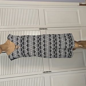 594 Kari Blue Black & White Circles Sheath Sleeveles Career Church Dress size L